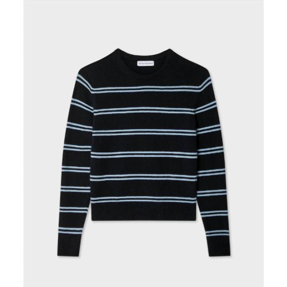 NEW WHITE + WARREN fine cotton boucle striped crewneck top in deep navy/pastel b - Picture 5 of 5